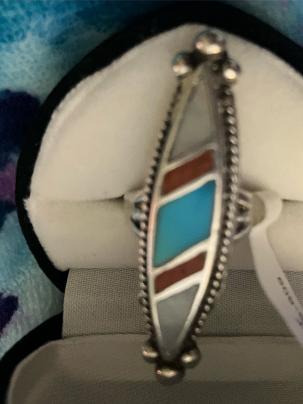 Native American Southwestern Inlay Ring With Turquoise Coral and Mother of Pearl